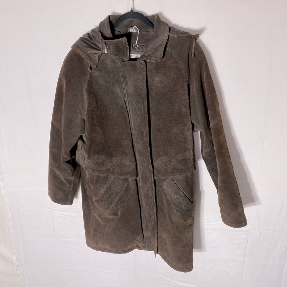 Vintage 90s Outlook Brown Suede Leather Coat With Drawstring Waist M - Picture 16 of 16